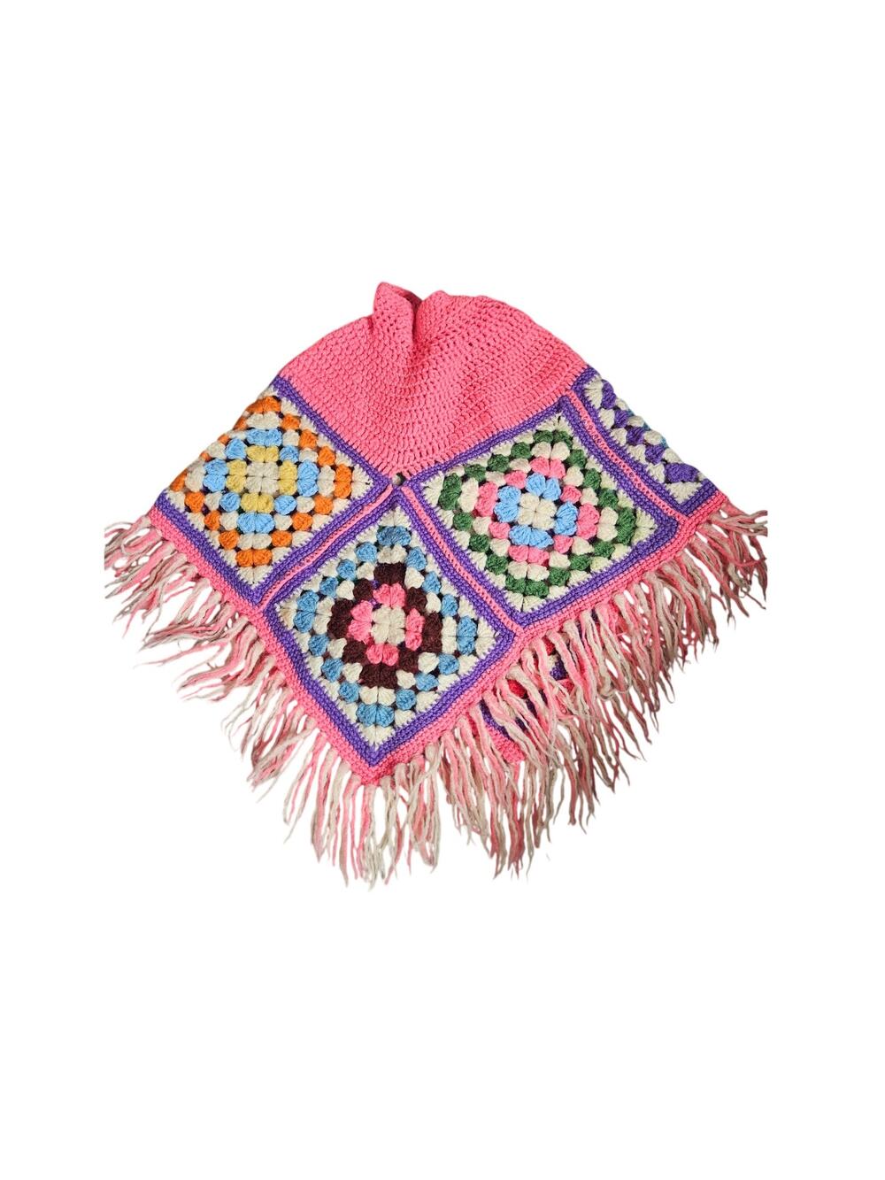 Kids Vintage Handmade Granny Square Knit Poncho Boho Fringe Pink Sweater Crochet